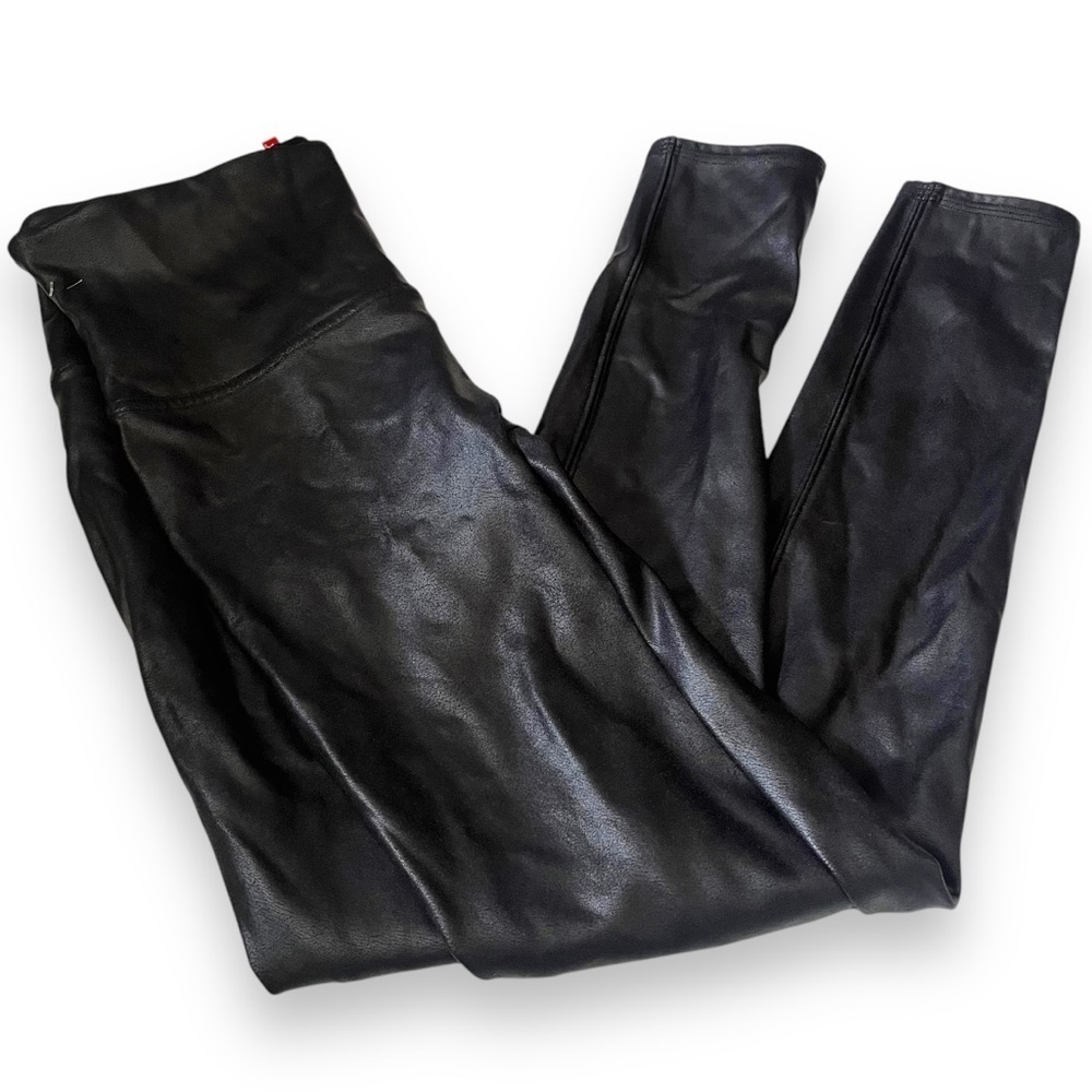 SPANX Faux Leather Shiny LEGGINGS-#2437Q-BLACK-Size Large Petite-VGUC